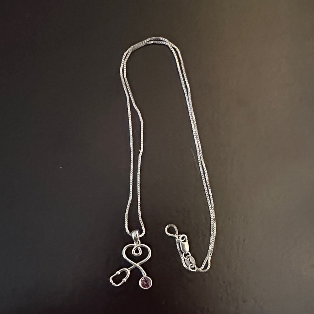 Sterling Silver Stethoscope Pendant Necklace with Purple Gem - Picture 2 of 3